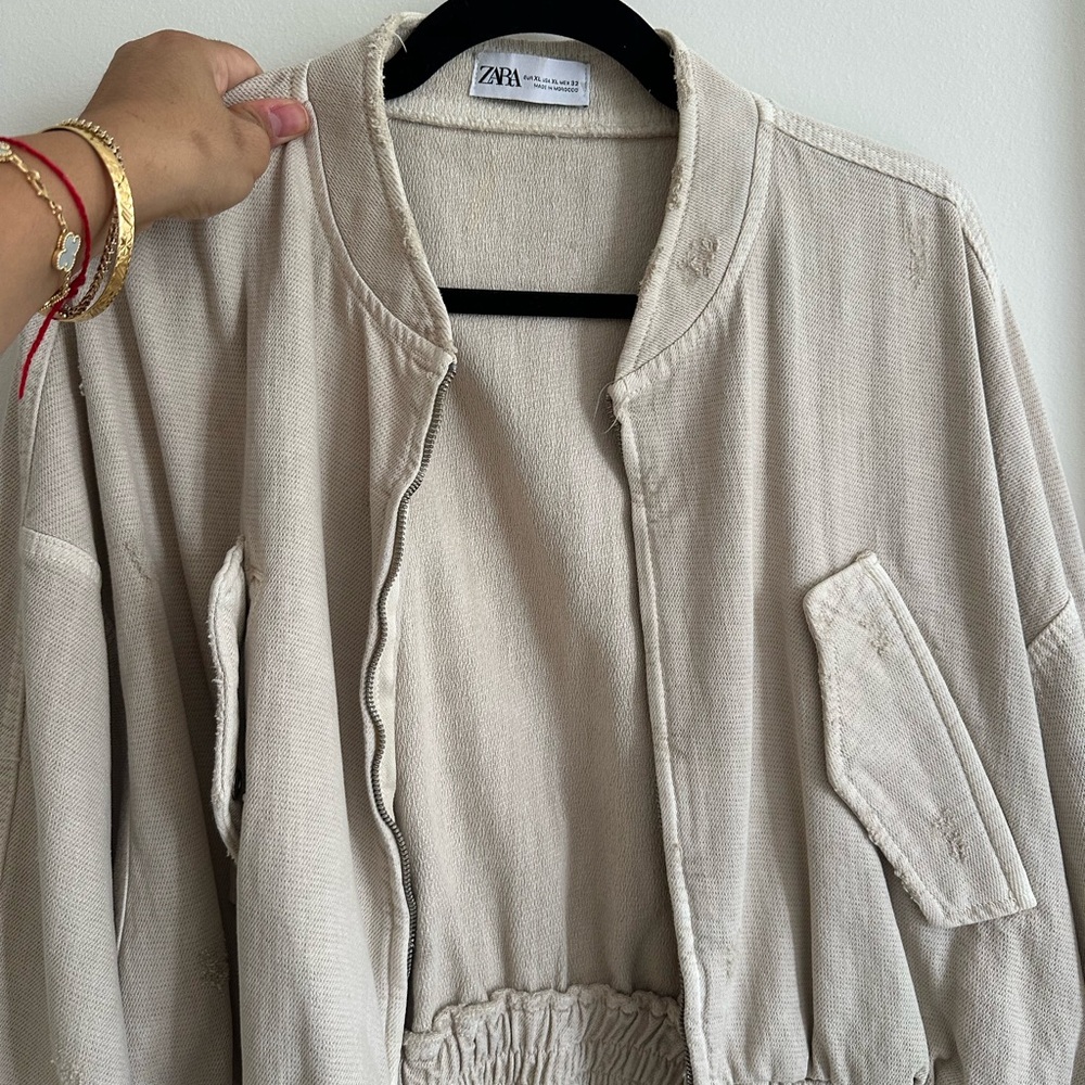 Zara Cream Bomber Jacket with Ribbed Details